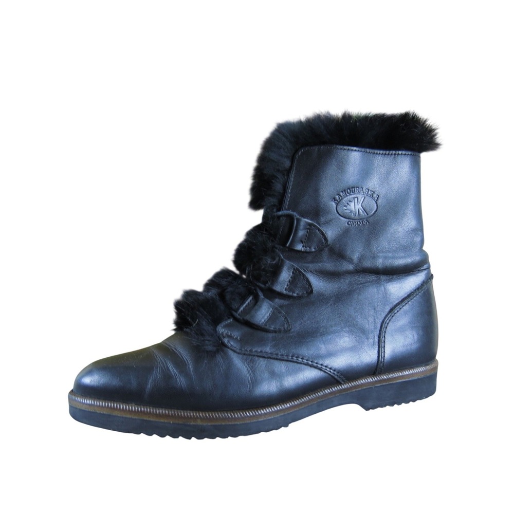 Kamouraska Canada Women Ankle Winter Boot Size 7 Cold Weather Black Leather Fur